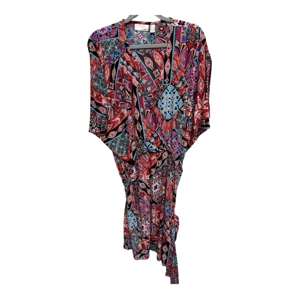 Attitudes geometric retro vintages faux wrap dress multicolor size large